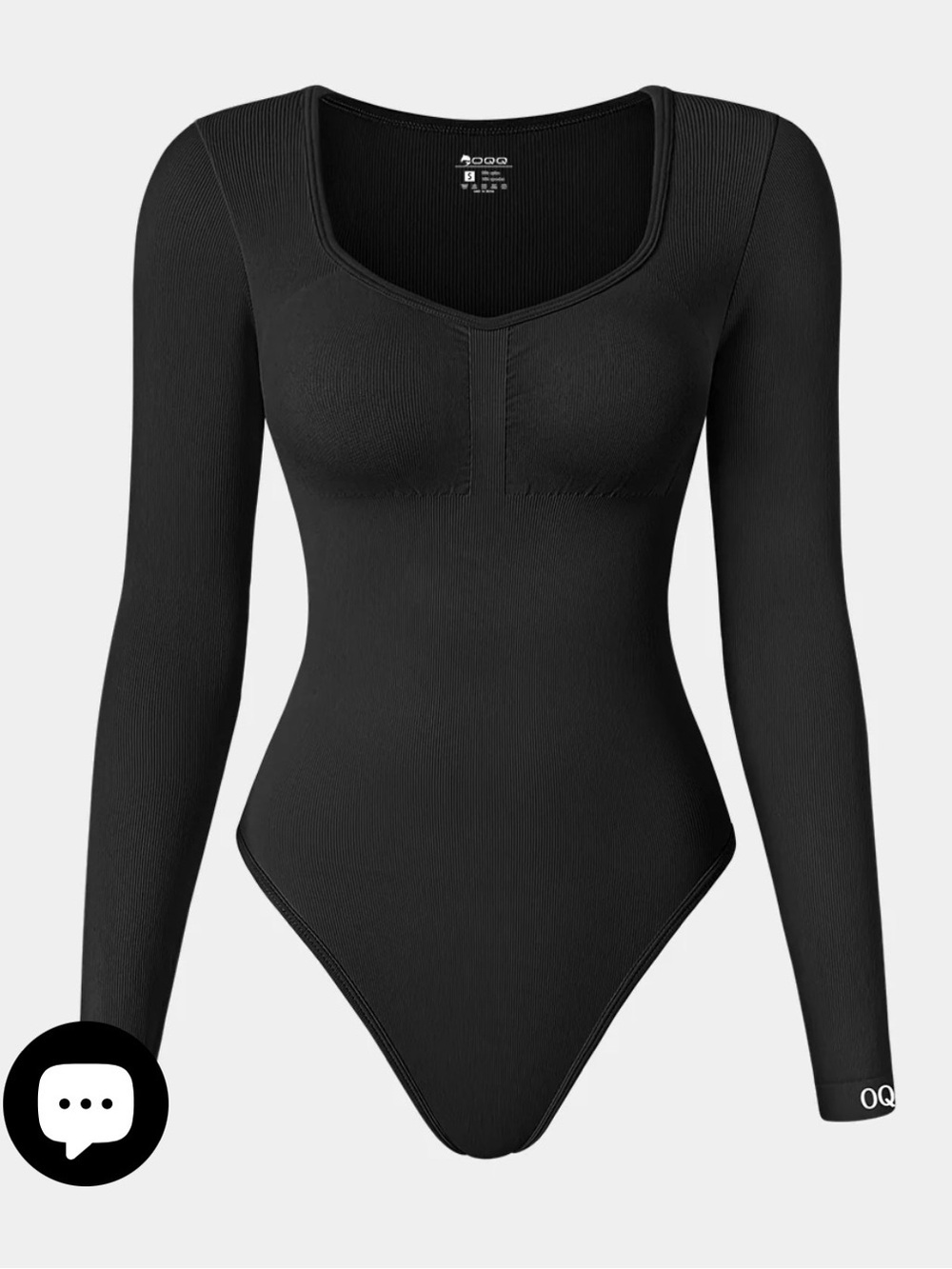 Women's Black Ribbed Long-Sleeve Bodysuit with Square Neck